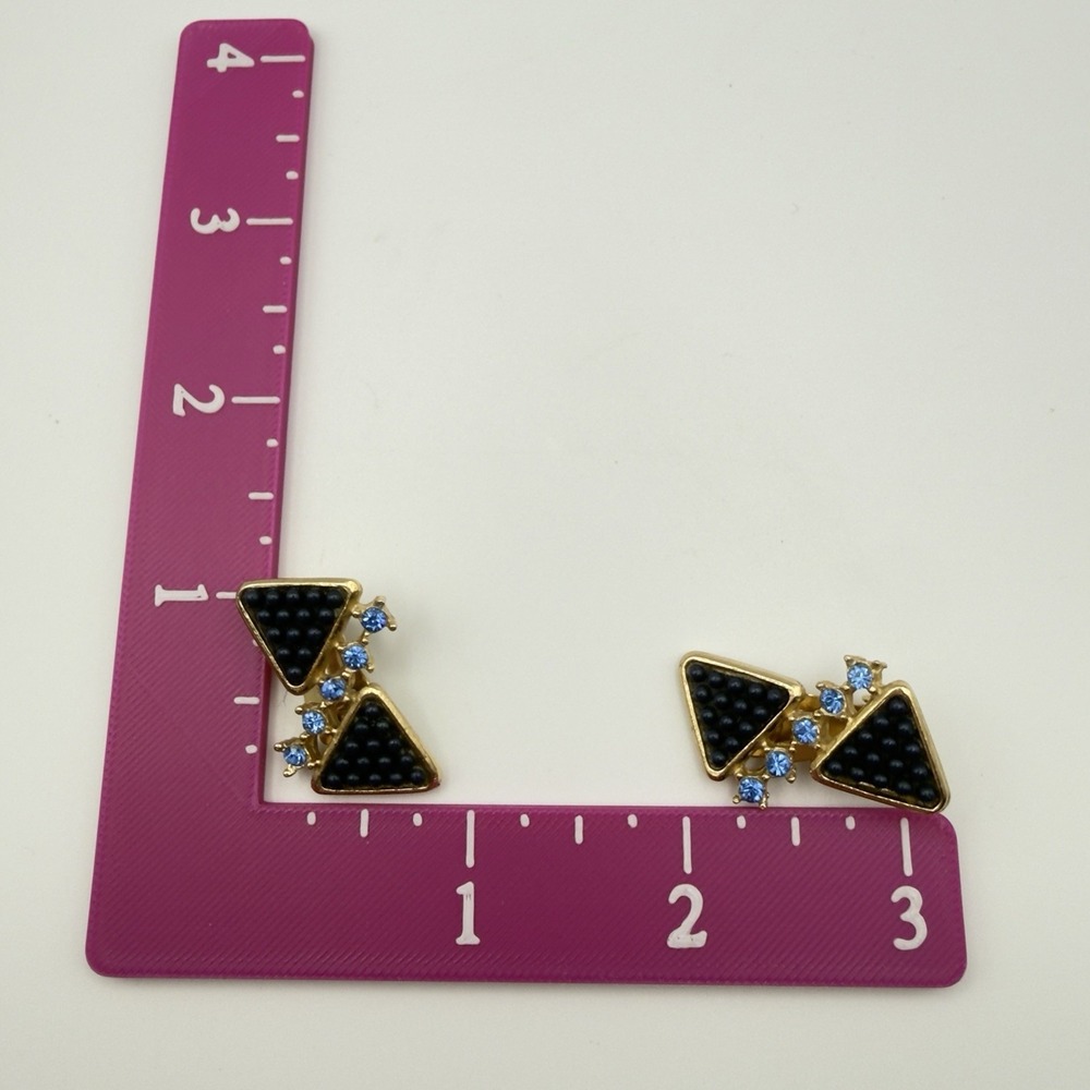 Geometric Clip On Earrings Gold Tone Navy Blue Beaded Light Blue Rhinestone 1.5" - Picture 8 of 9